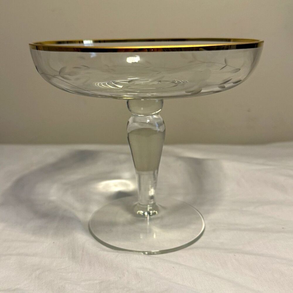 Vintage Princess Heritage Footed Glass Compote Pedestal Bowl Gold Rim 8 in Round